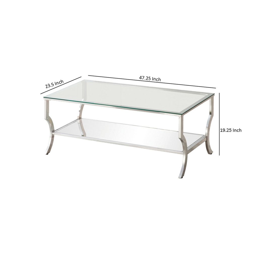 Glass Top Coffee Table with Metal Frame and Mirror Shelf, Chrome - View 6