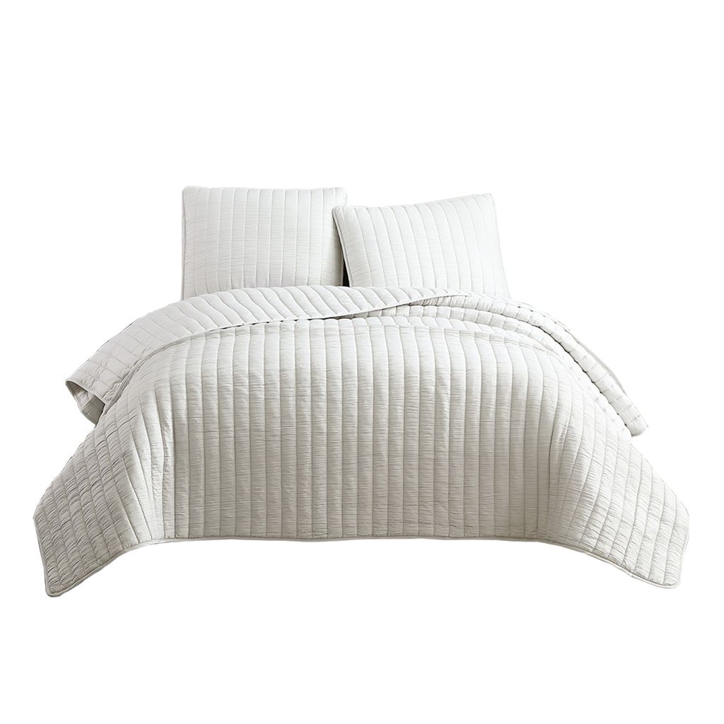3 Piece Crinkles King Size Coverlet Set with Vertical Stitching, White
