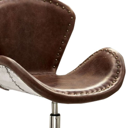 Retro Top Grain Leather Accent Chair with Swivel, Brown & Silver - View 6