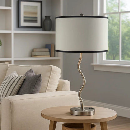 29 Inch Round Drum Shade Table Lamp, Curved Tubular Frame, Silver - View 7