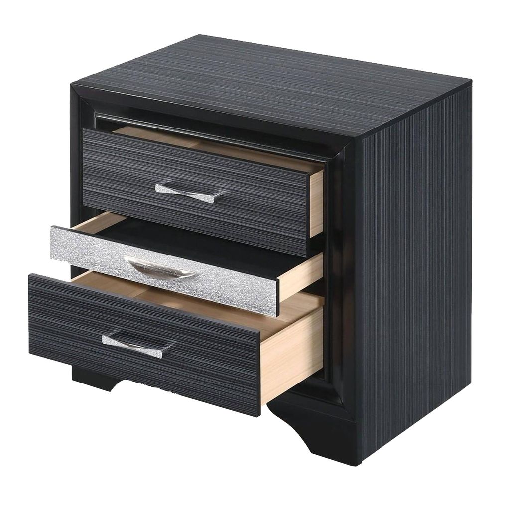 Two Tone Wooden Nightstand With Three Drawers, Black And Silver - View 3