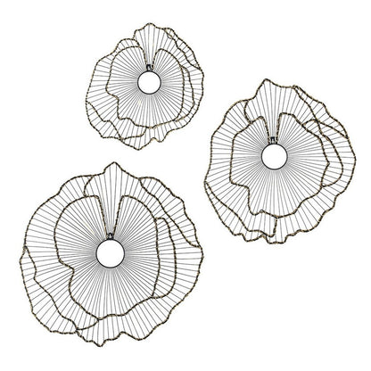30, 24, 18 Inch Set of 3 Decorative Metal Flowers, Wall Decor Black, Gold - View 2
