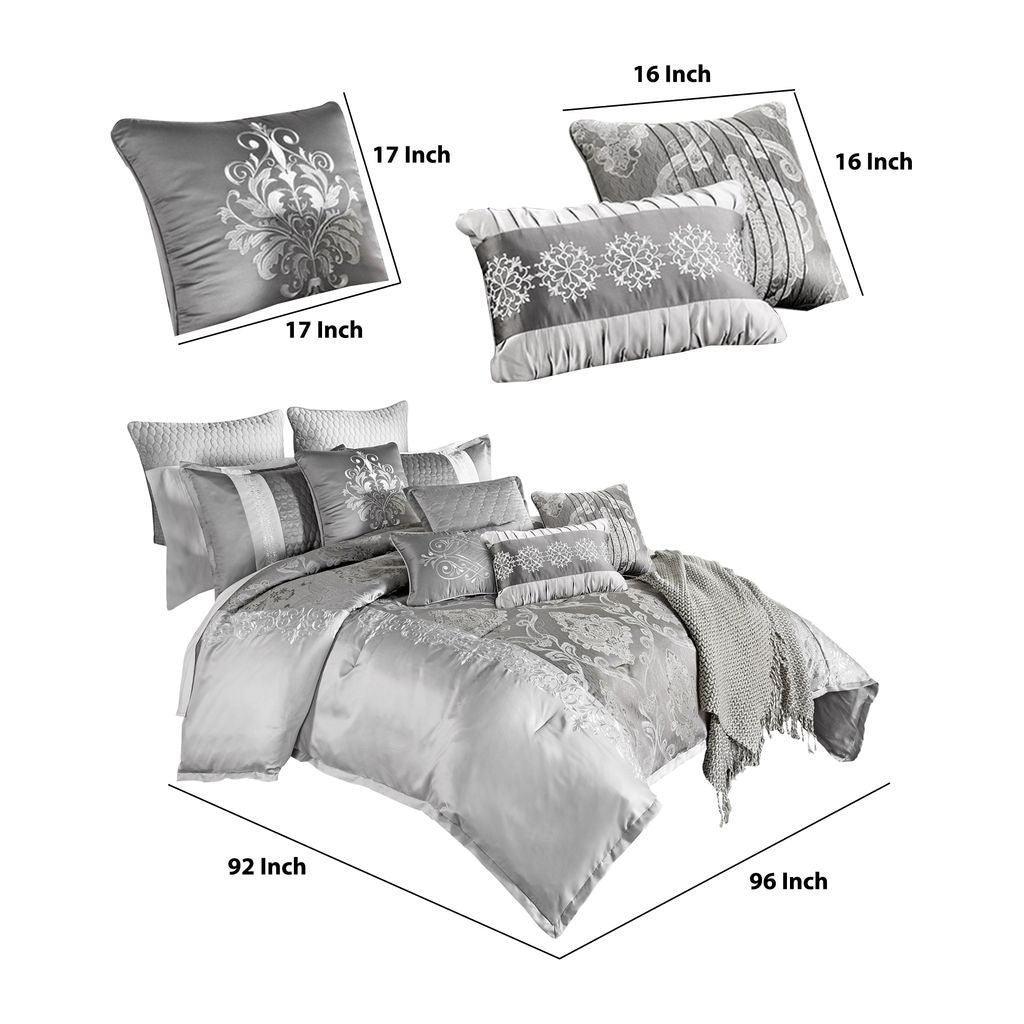 12 Piece Queen Polyester Comforter Set with Medallion Print, Platinum Gray - View 5