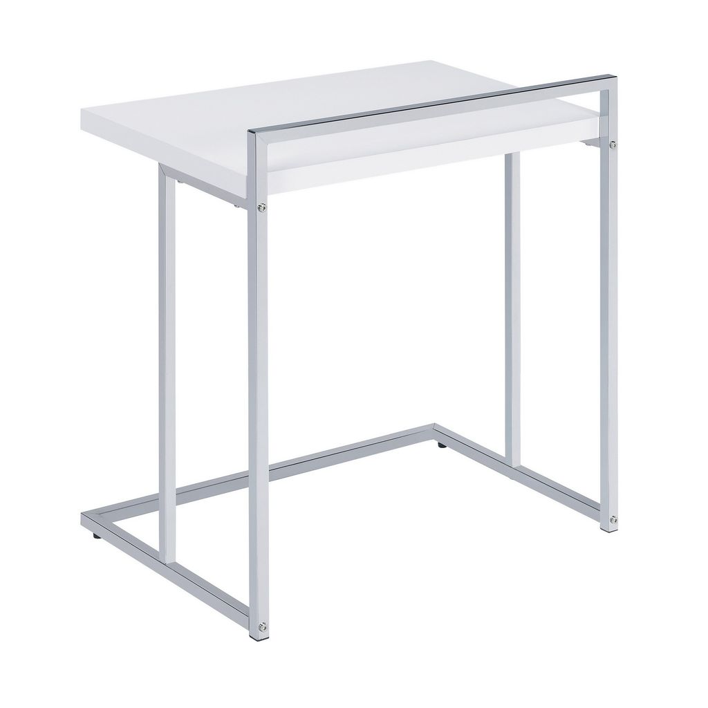 Dey 27 Inch Modern C Side Table, Gloss White Wood Top, Chrome Metal Base - View 2