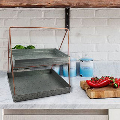 Galvanized Metal 2 Tiered Rectangular Serving Tray, Gray - View 7