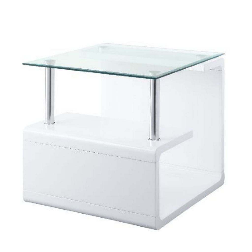 24 Inch Square Accent End Table, Glass Top, Open Shelf, White, Chrome