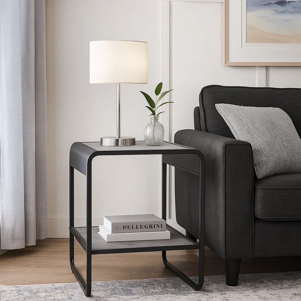 Ish 21 Inch Modern End Table with Open Shelves, Wood, Gray, Black - View 7