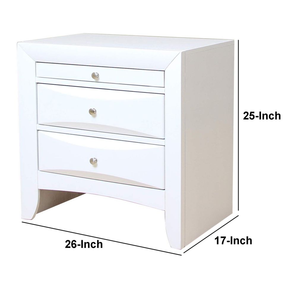 Contemporary 3 Drawer Wood  Nightstand By Ireland, White - View 5
