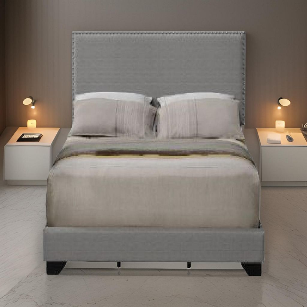 Queen Size Bed with Fabric Upholstery and Nailhead Accent, Gray - View 7