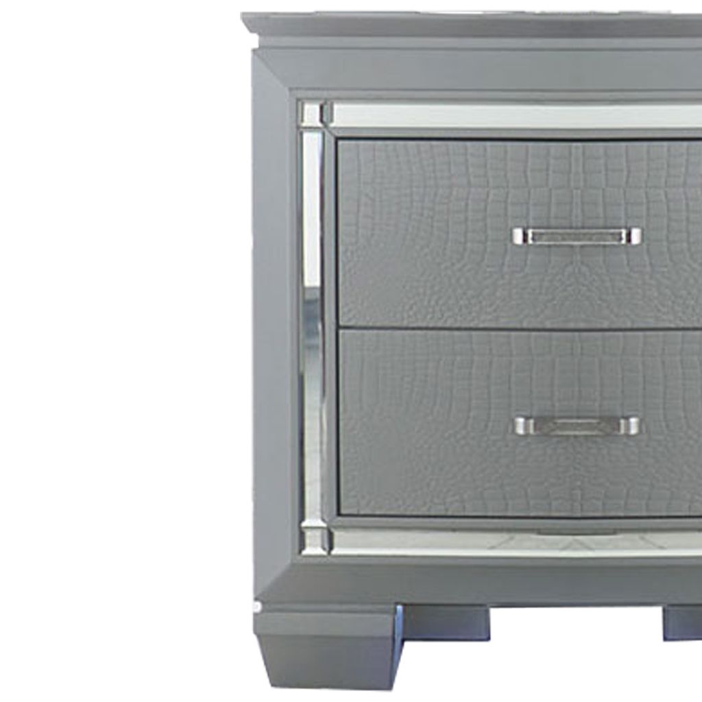 Mirror Accented Wooden Night Stand With 2 Drawer, Gray - View 4