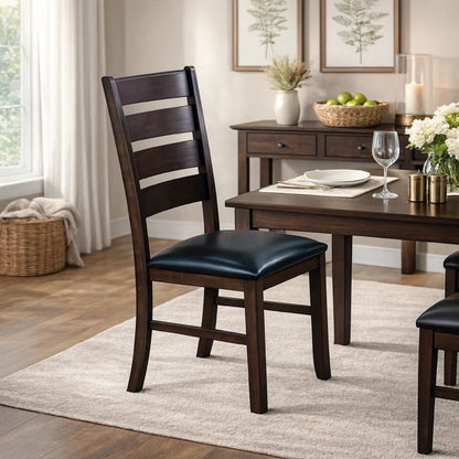 Ladder Back Wooden Side Chair with Leatherette seat, Set of 2, Black and Brown - View 7