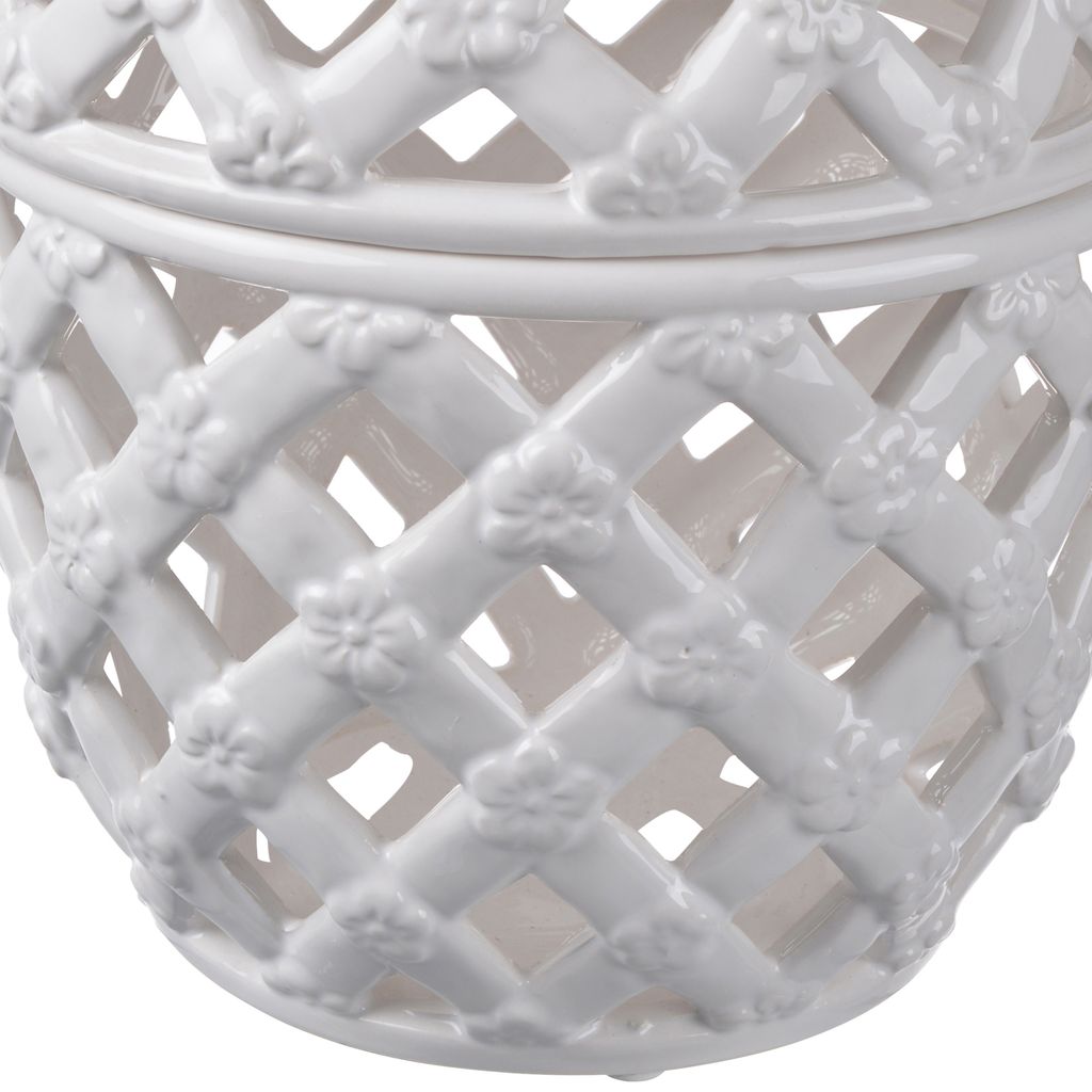 Decorative Ceramic Lidded Jar with Cut Out Texture, Large, White - View 3