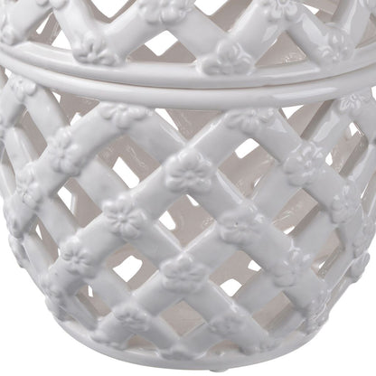 Decorative Ceramic Lidded Jar with Cut Out Texture, Large, White - View 3