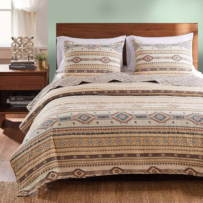 King Size 3 Piece Polyester Quilt Set with Kilim Pattern, Multicolor - View 7