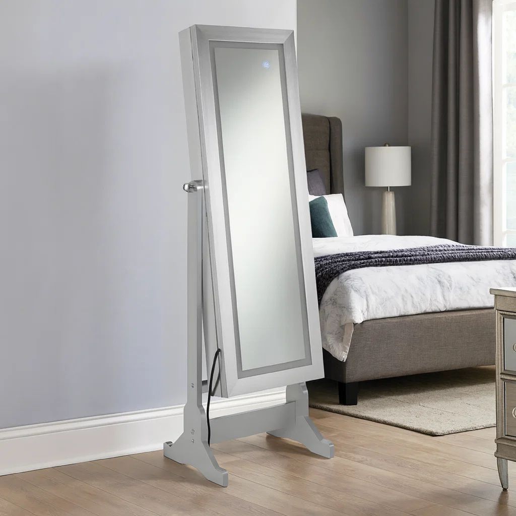 58 Inch Full Body Floor Cheval Mirror, Jewelry Storage, LED, Silver - View 7