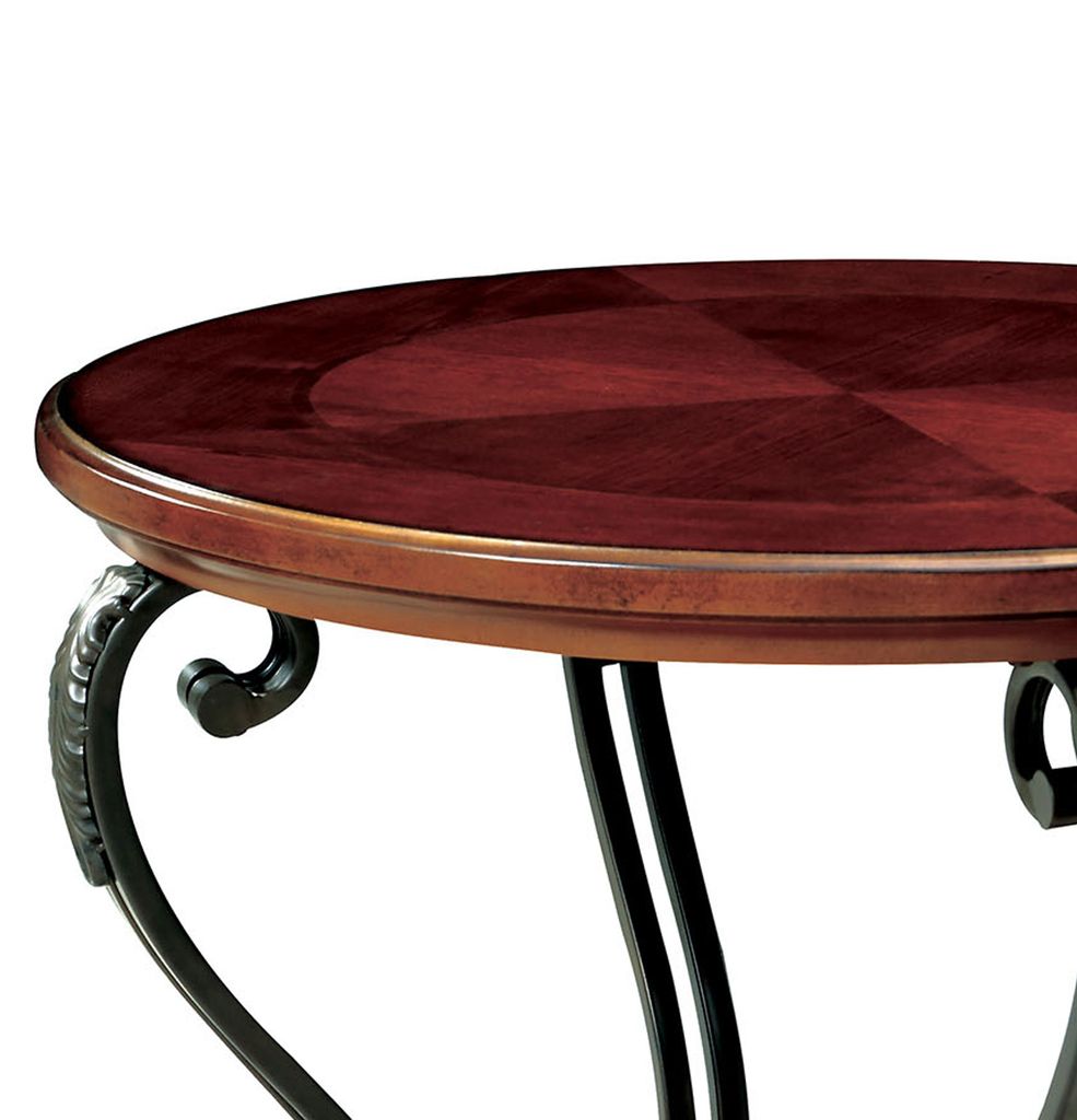 Round Wood and Metal End Table with Scroll Details, Brown - View 3