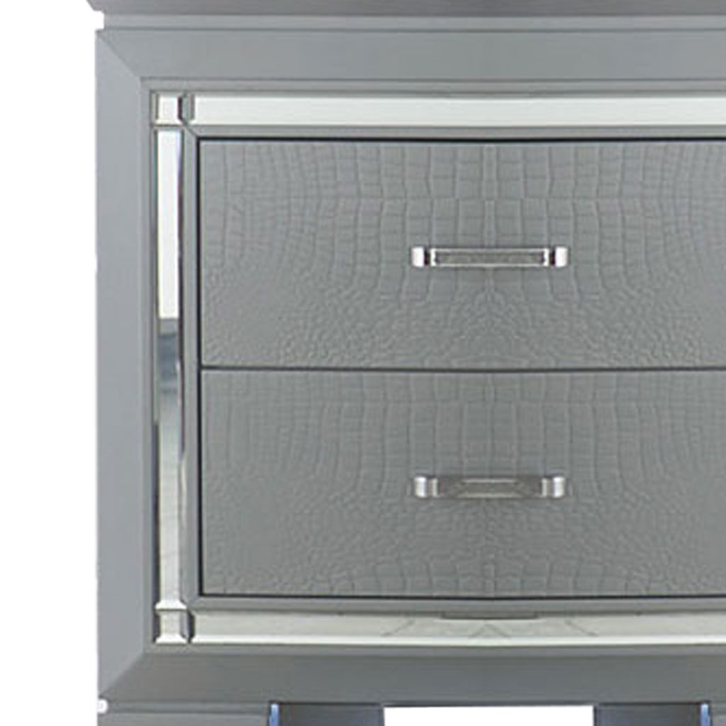 Mirror Accented Wooden Night Stand With 2 Drawer, Gray - View 5