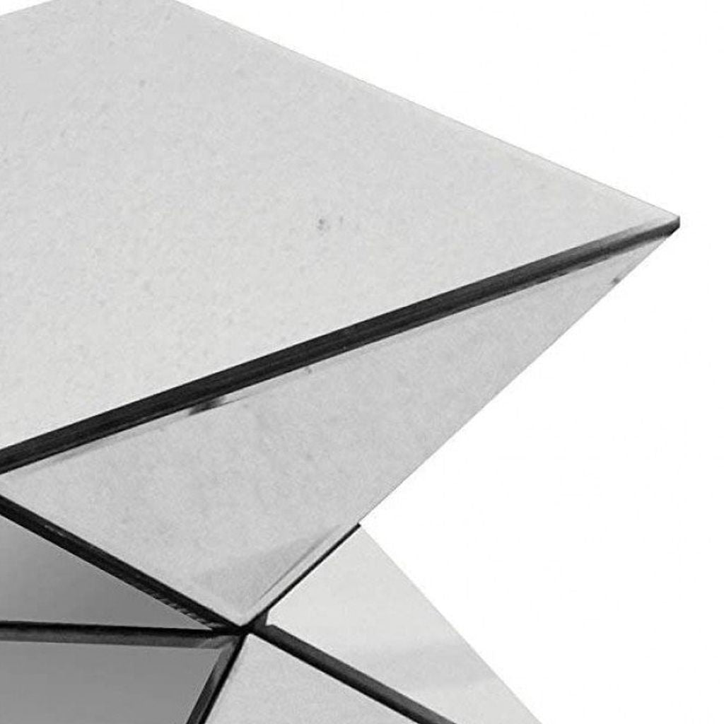20 Inch Modern End Table, Square Mirror Top, Silver Geometric Pedestal Base - View 2