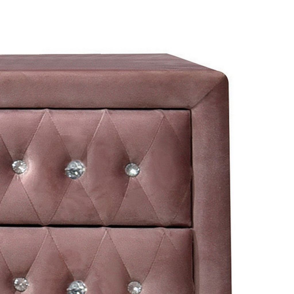 Rex 17 Inch Modern Upholstered Nightstand, 2 Drawer, Crystal Handles, Pink - View 3