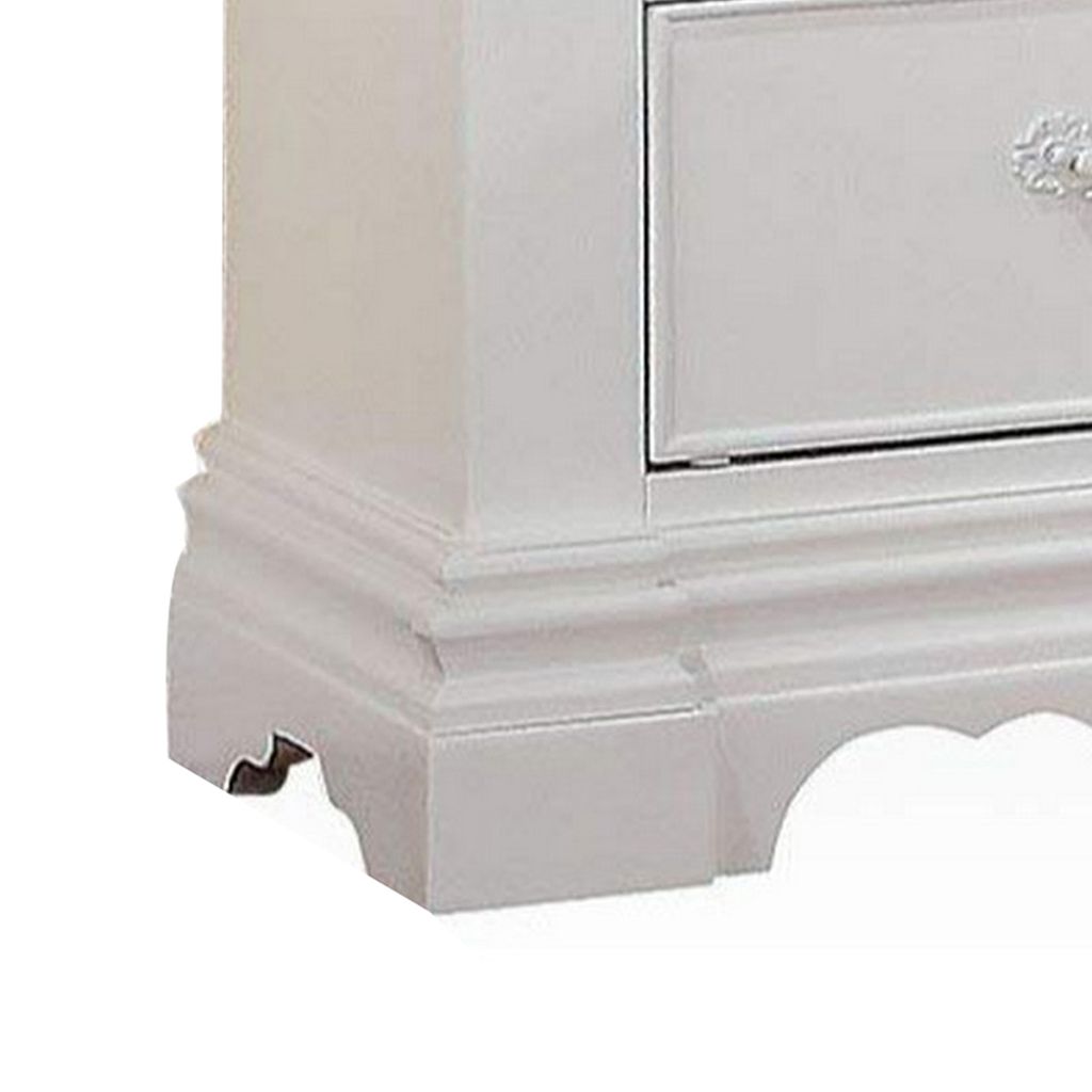 Three Drawer Nightstand With One Hidden Top Drawer And Scalloped Feet, White - View 4