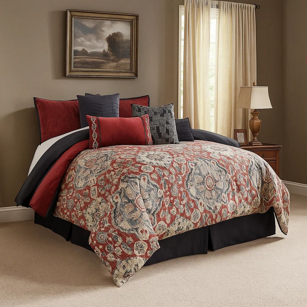 9 Piece Queen Size Comforter Set with Medallion Print, Red and Blue - View 7