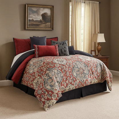 9 Piece Queen Size Comforter Set with Medallion Print, Red and Blue - View 7