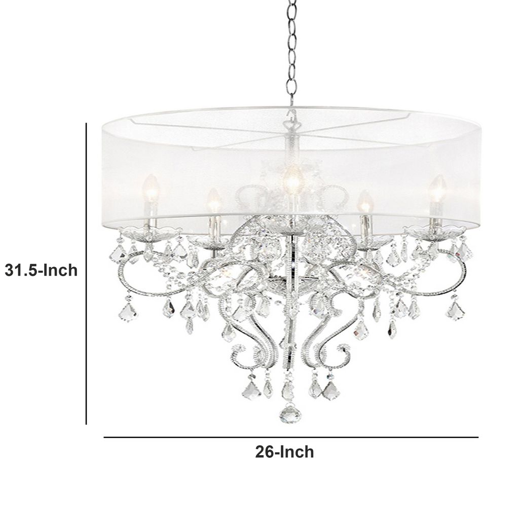 32 Inch Ceiling Lamp with Hanging Crystals, Round Canopy, Silver - View 5