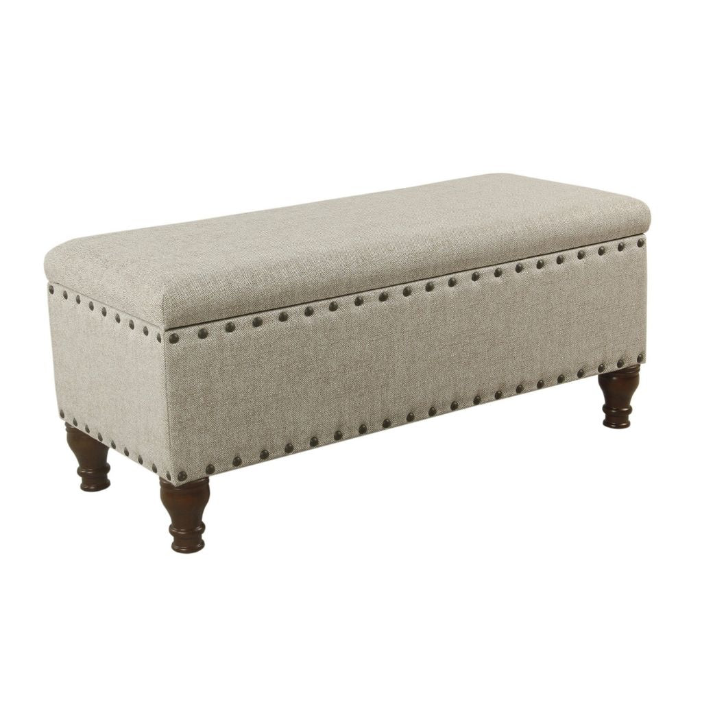 Textured Fabric Upholstered Wooden Storage Bench With Nail head Trim, Large, Beige and Brown - View 7