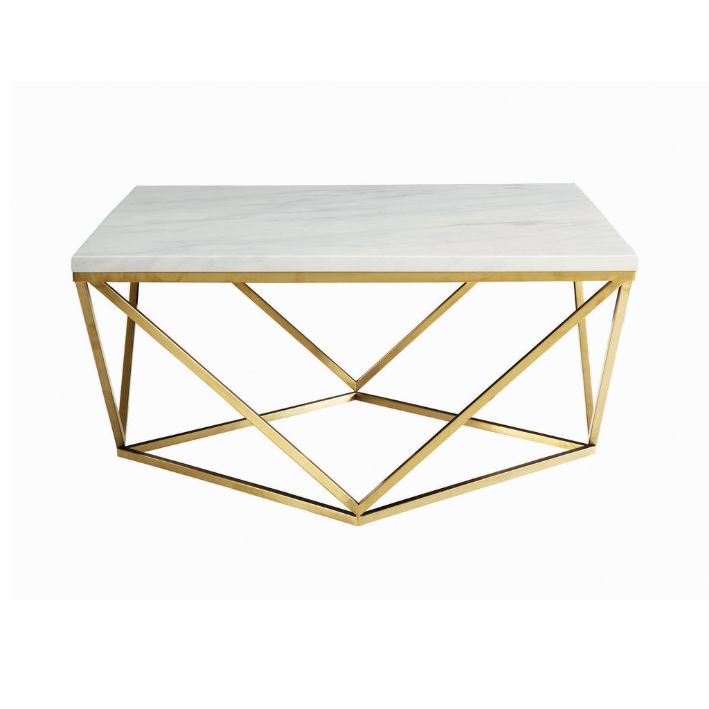 36 Inch Modern Square Coffee Table, White Faux Marble Top, Slender Gold Base - View 2