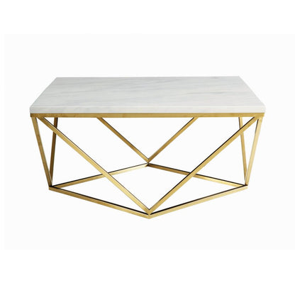 36 Inch Modern Square Coffee Table, White Faux Marble Top, Slender Gold Base - View 2
