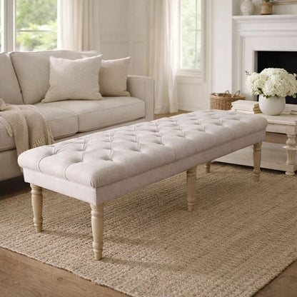 Wooden Bench with Button Tufted Fabric Upholstered Seat and Turned Legs, Cream - View 7