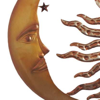 21 Inch Handcrafted Sun and Moon Accent Wall Decor, Round Metal Wall Mount, Rustic Gold, Bronze - View 3