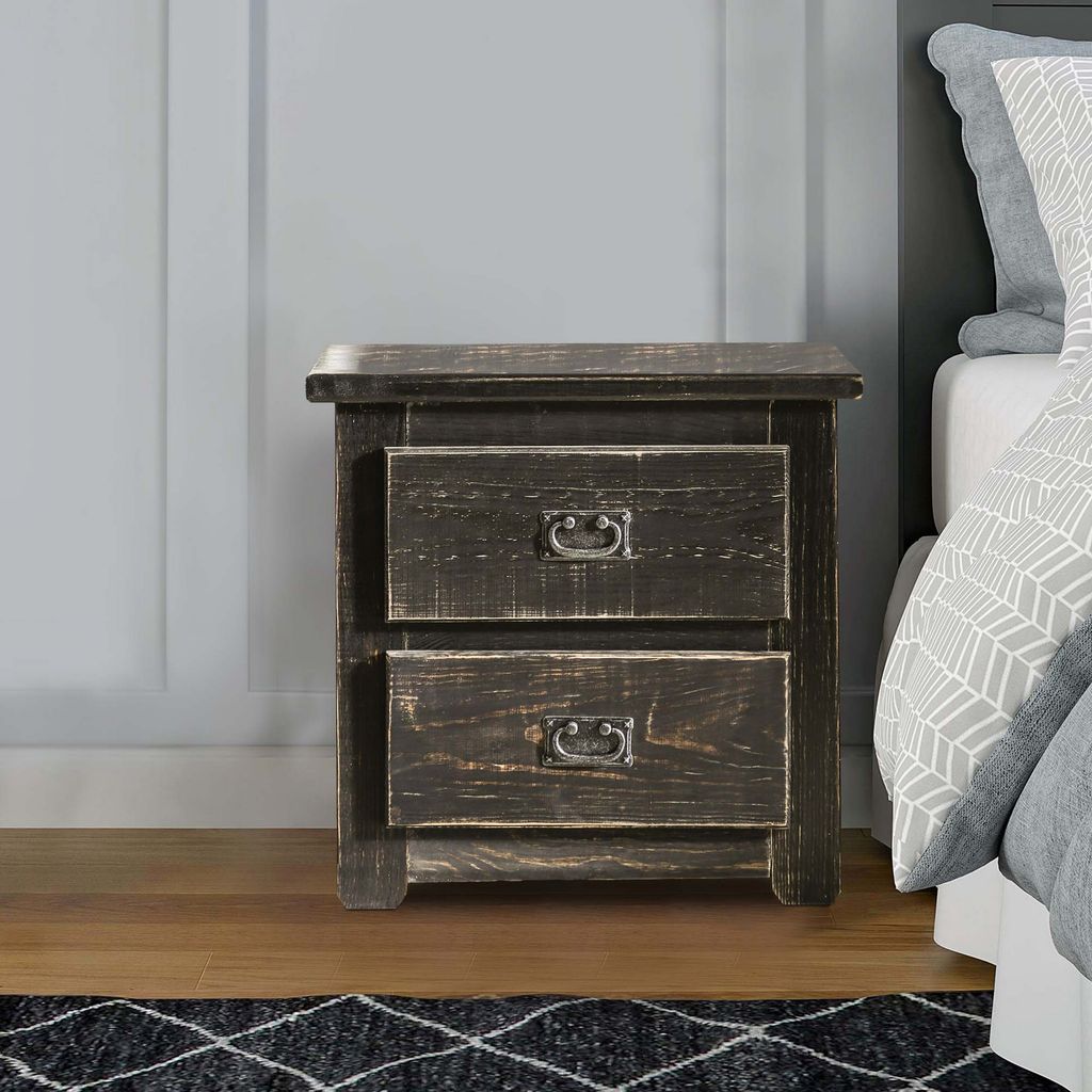 Plank Design 2 Drawer Wooden Nightstand with Bail Pulls, Black - View 7
