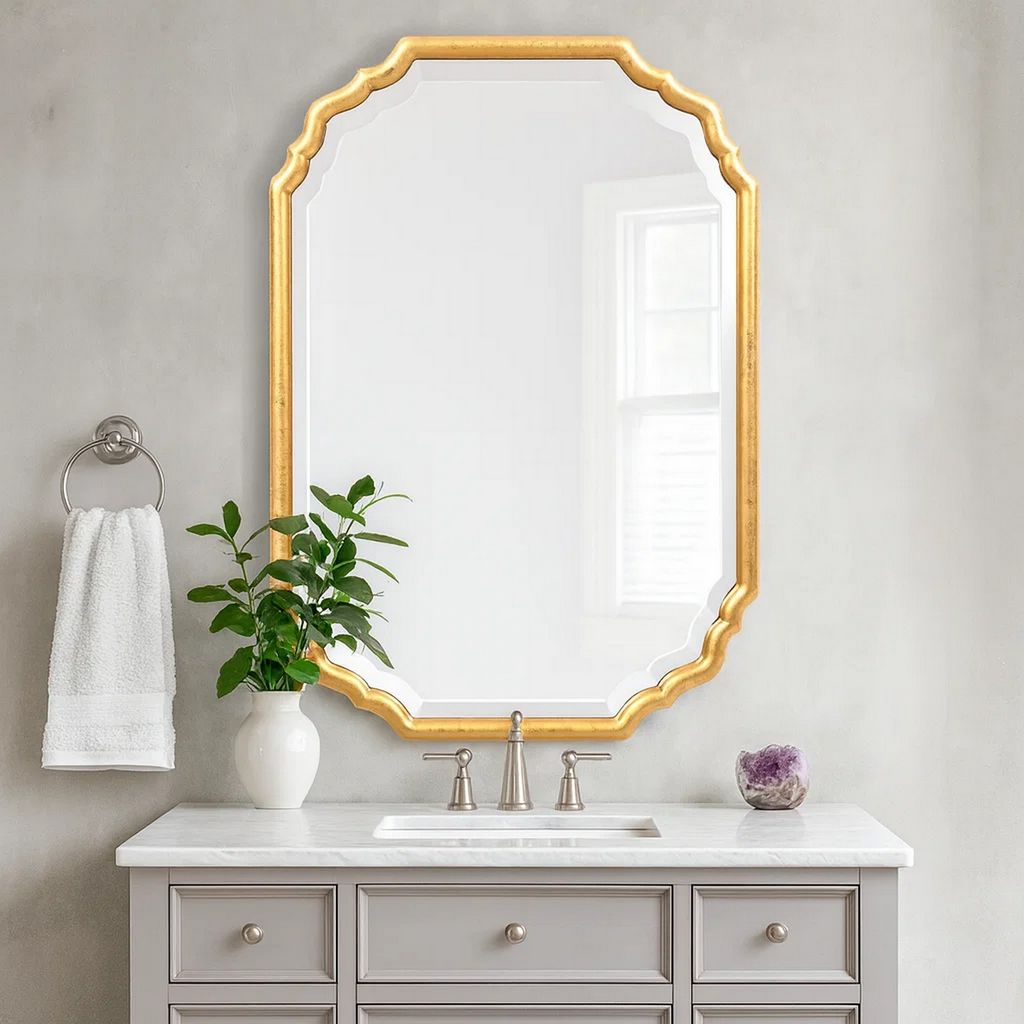 32 Inches Curved Design Wooden Vanity Mirror, Gold - View 7