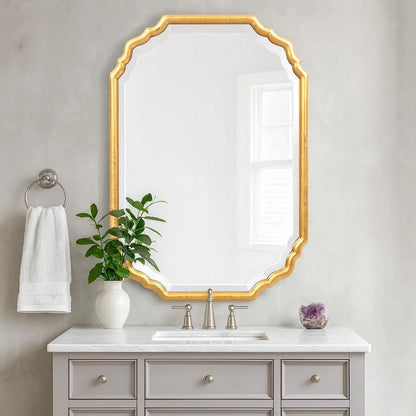 32 Inches Curved Design Wooden Vanity Mirror, Gold - View 7