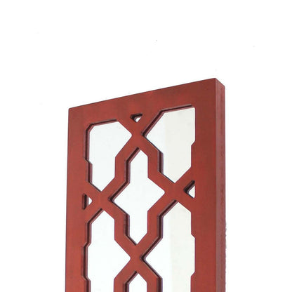 Quatrefoil Pattern Wooden Candle holder Set of 2 with Mirror Insert, Red - View 3