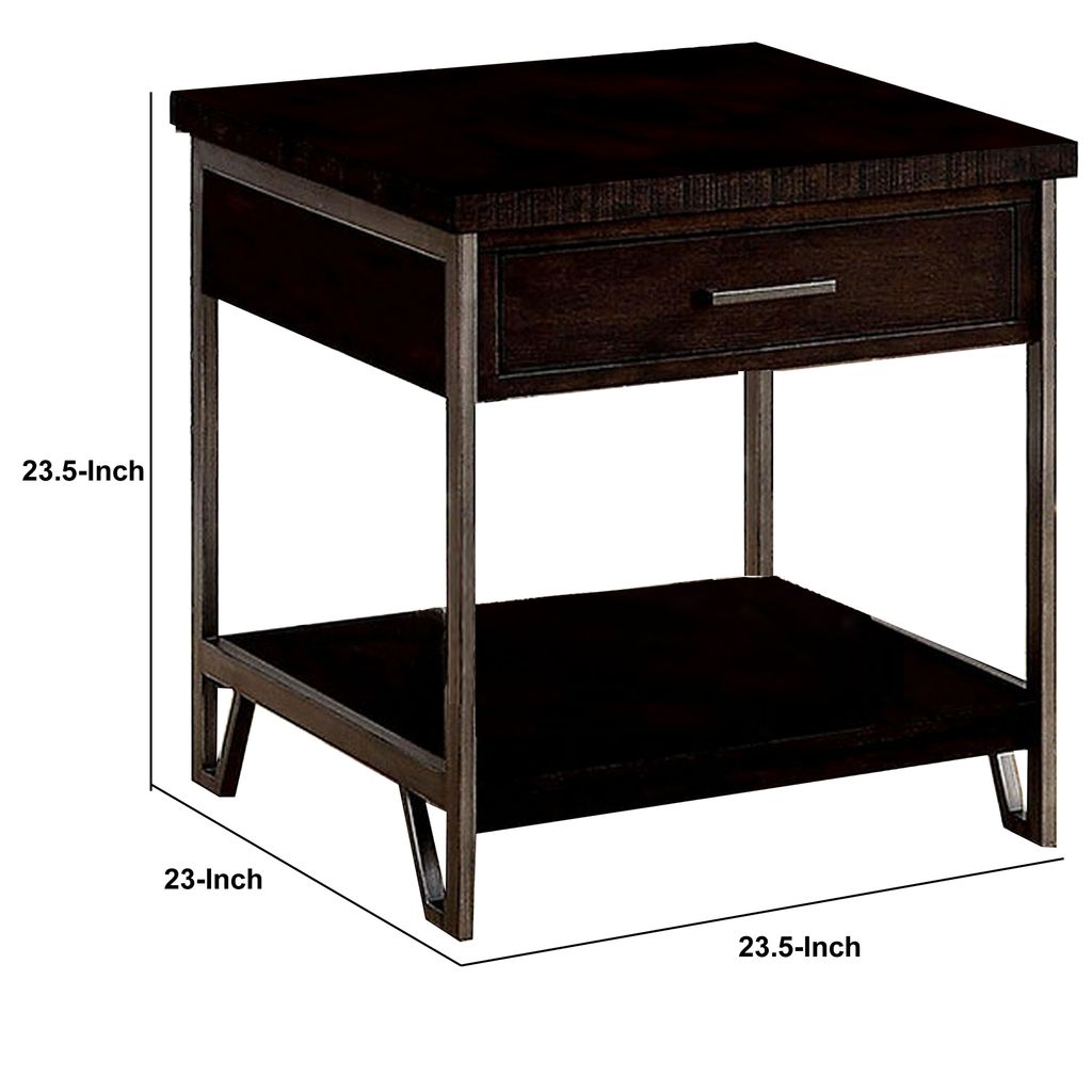 1 Drawer Wooden End Table with Metal Frame, Brown - View 6