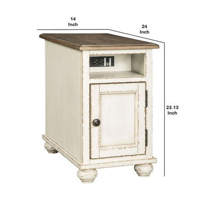 Wooden Chairside End Table with Door, Brown and Antique White - View 5