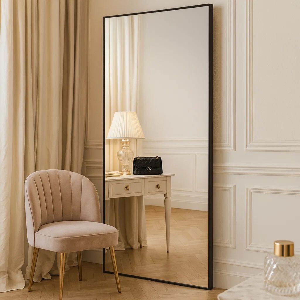 40 Inch Wood Wall Mirror, Rectangular Thin Frame, Black - View 7