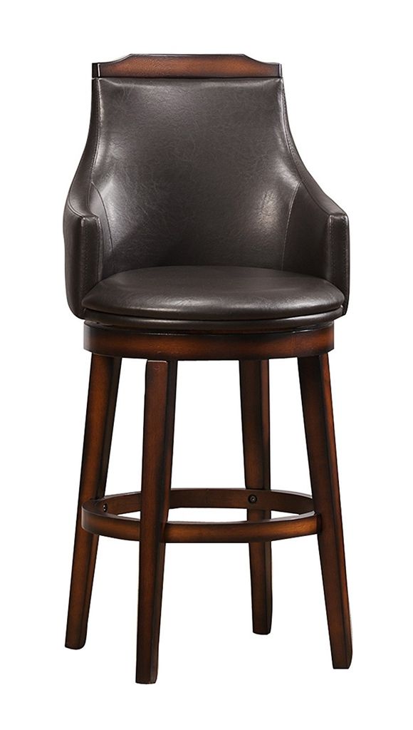 Bar Height Chair, Set of 2, Dark Brown Faux Leather, Wood Legs