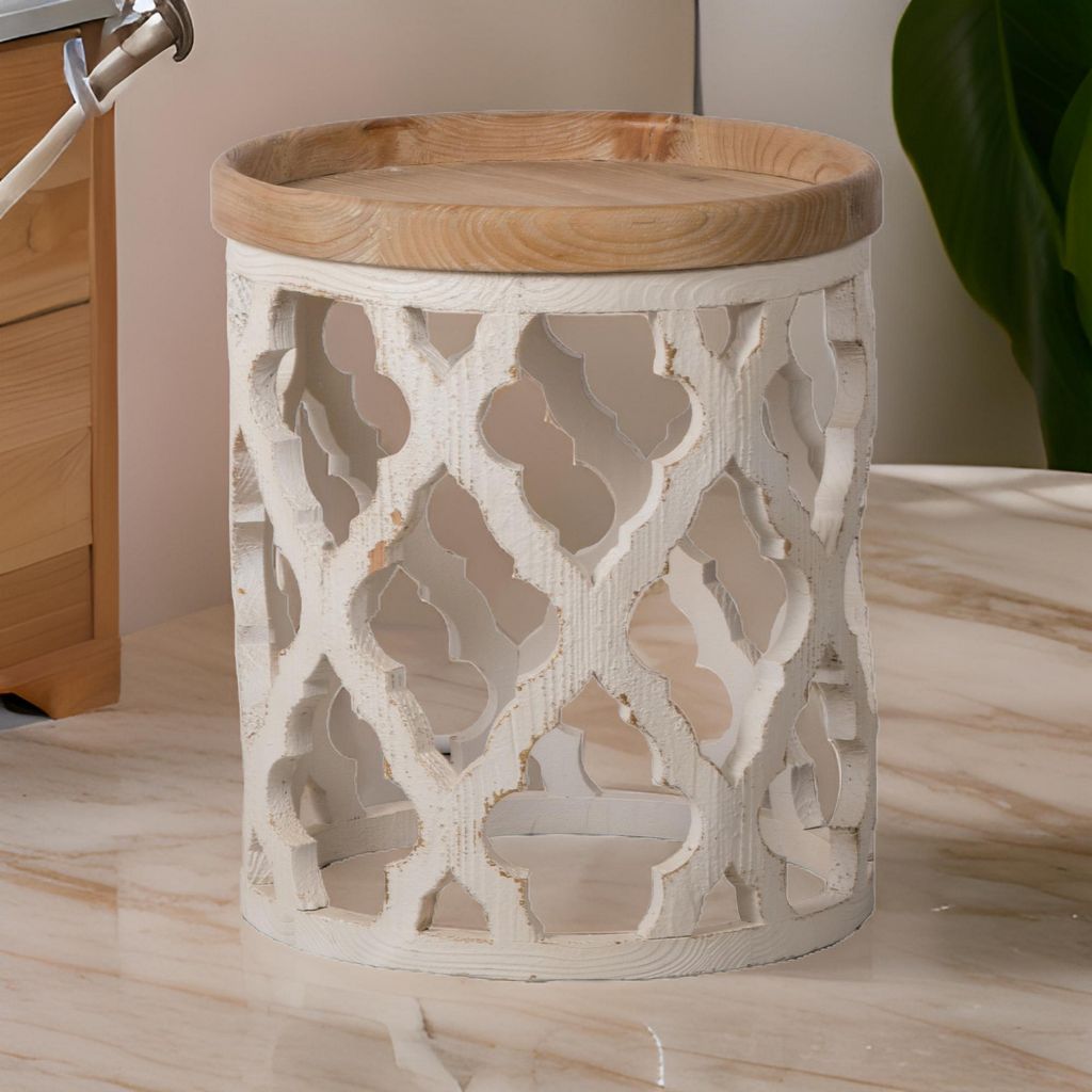 23 Inch Side Table, Vintage Wood Cutout Design, Round Top, Brown, Cream - View 7