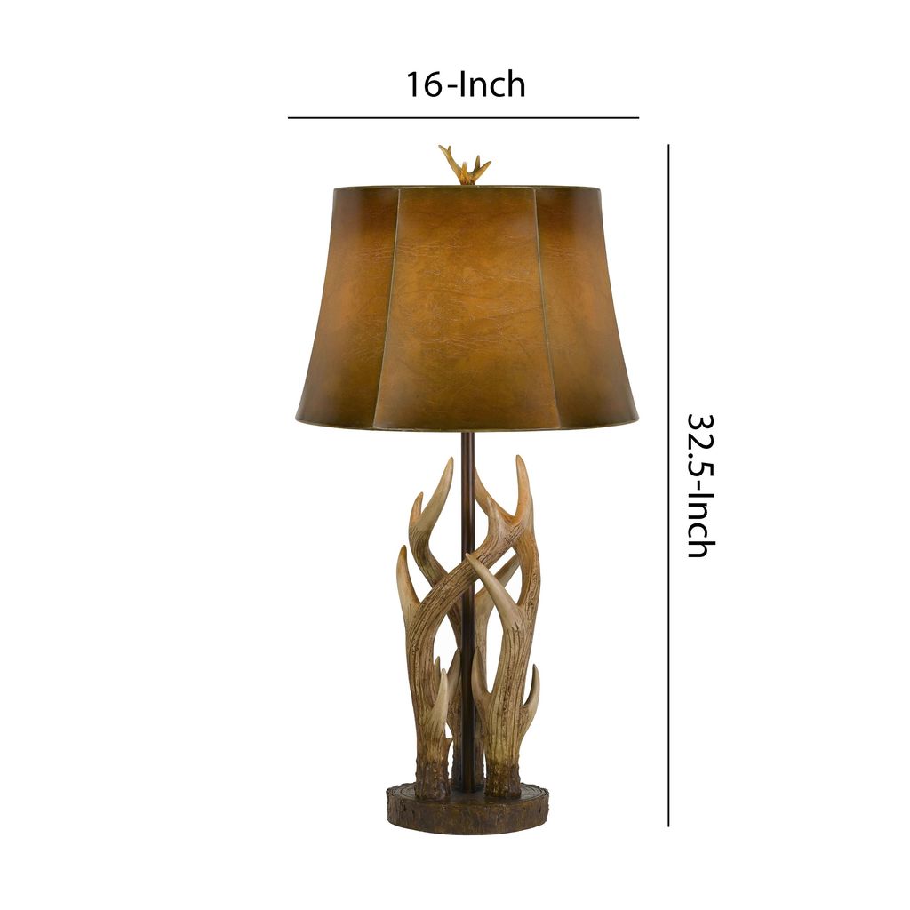 150 Watt Leatherette Shade Table Lamp with Antler Polyresin Base, Brown - View 5