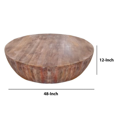 Arthur Handcarved 48 Inch Drum Shape Round Top Mango Wood Distressed Wooden Coffee Table, Brown - View 5