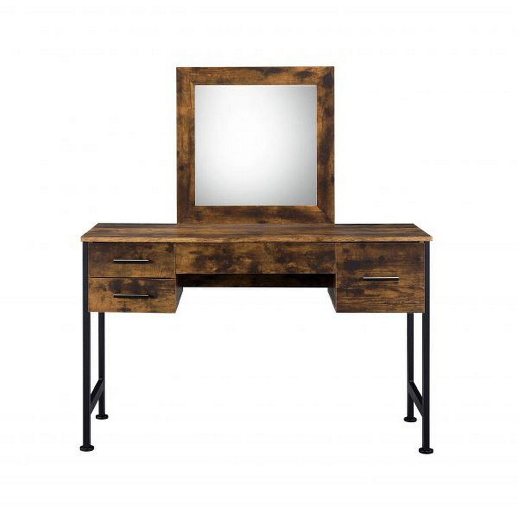 Vanity Desk with 4 Drawers and Square Mirror, Brown and Black - View 3