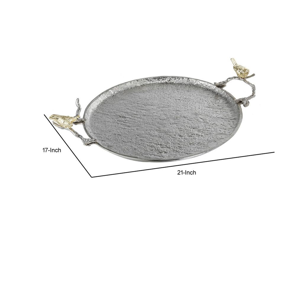 21 Inch Decorative Tray Set of 2, Perched Birds Silver Metal, Large - View 5