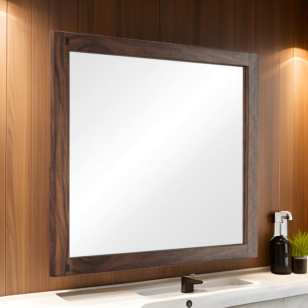 44 Inch Rectangular Wood Frame Mirror, Brown - View 7