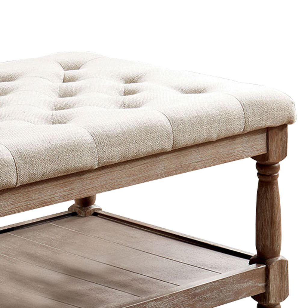 Button Tufted Fabric Upholstered Bench with Bottom Shelf, Beige and Brown - View 3