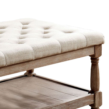 Button Tufted Fabric Upholstered Bench with Bottom Shelf, Beige and Brown - View 3