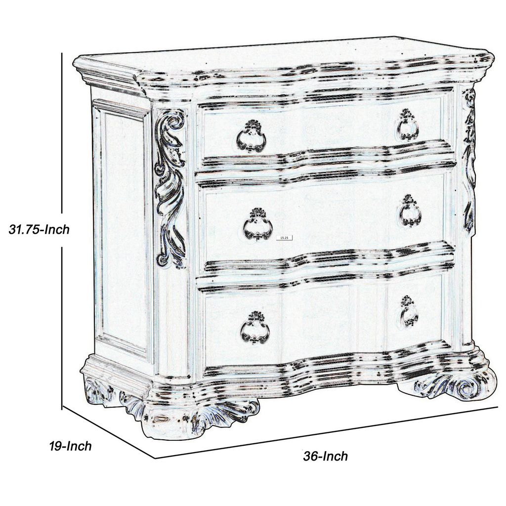 3 Drawer Nightstand with Carved Pilaster and Bracket Feet, Cherry Brown - View 6