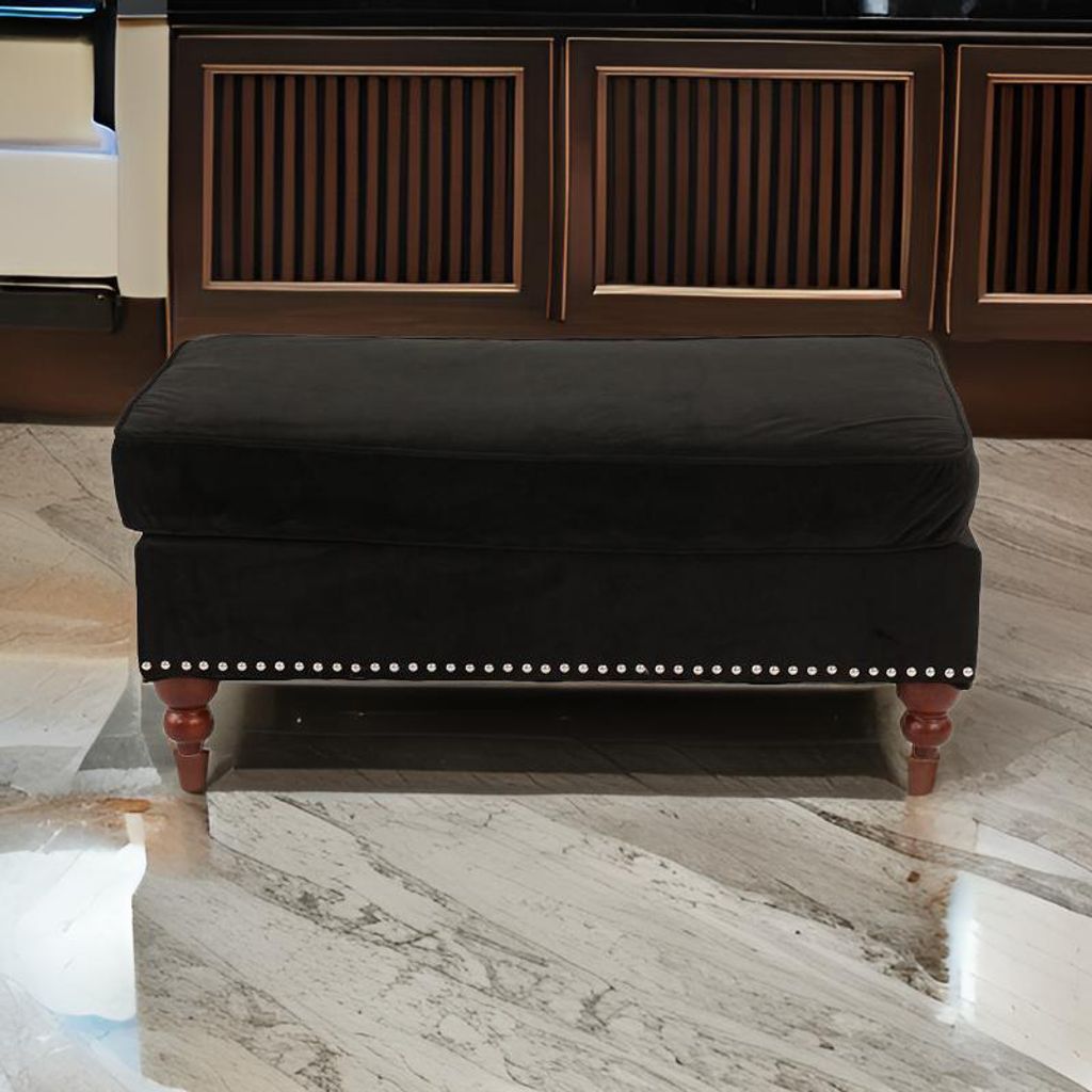 Fabric Ottoman with Nailhead Trim and Turned Feet, Black - View 7